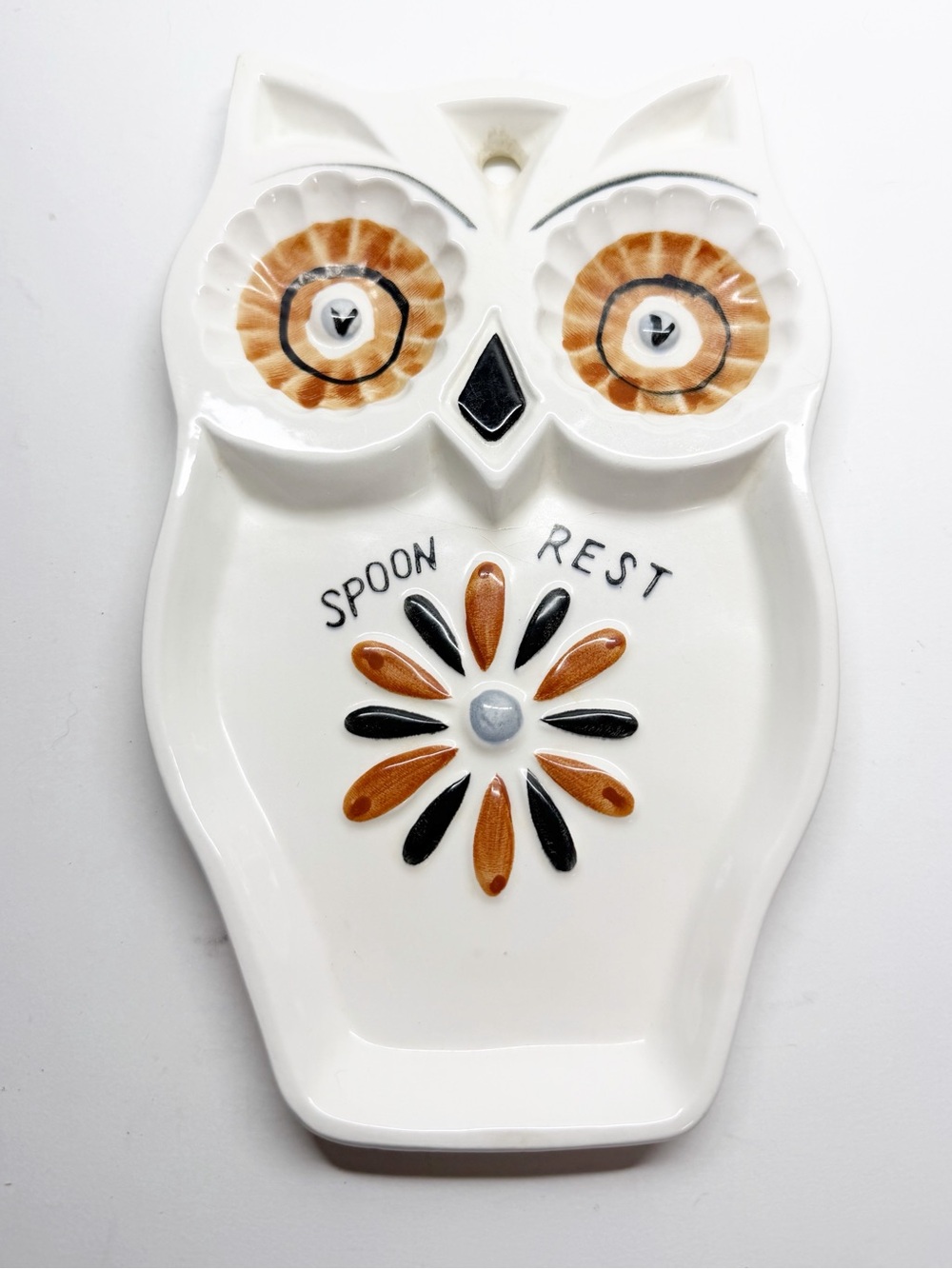 Vintage MCM Hand Painted Ceramic Owl Spoon Rest